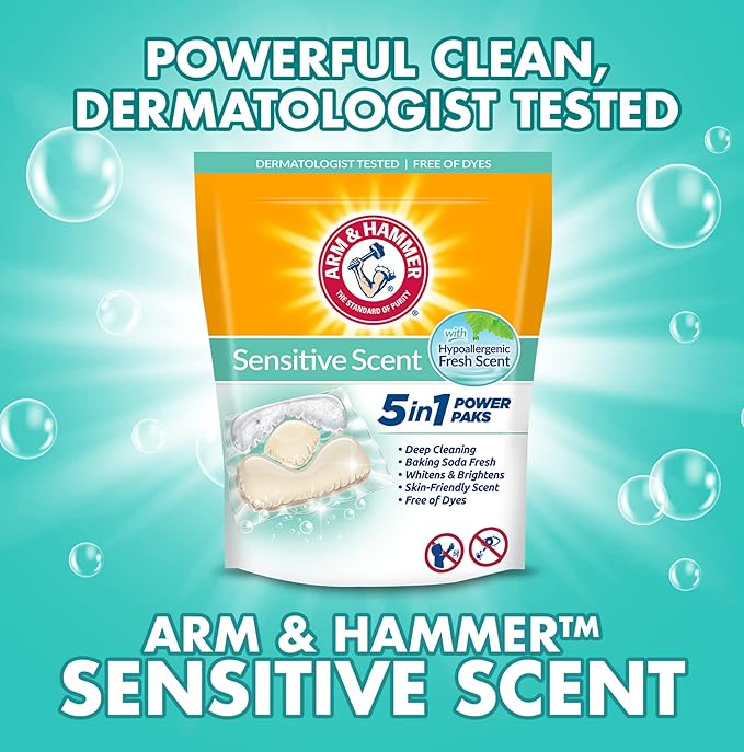 Arm & Hammer Sensitive Scent 5-in-1 Laundry Detergent Power Paks, 50 Count, Fresh