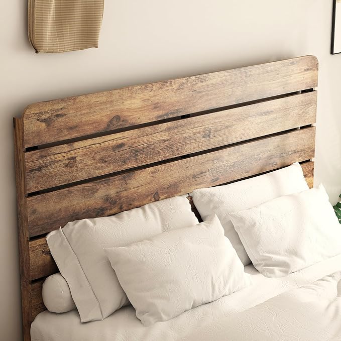Full Size Bed Frame with Wooden Headboard and Footboard, Rustic Platform Bedframe, Wood Slats Support, No Box Spring Needed, Under Bed Storage, Easy Assembly, Brown