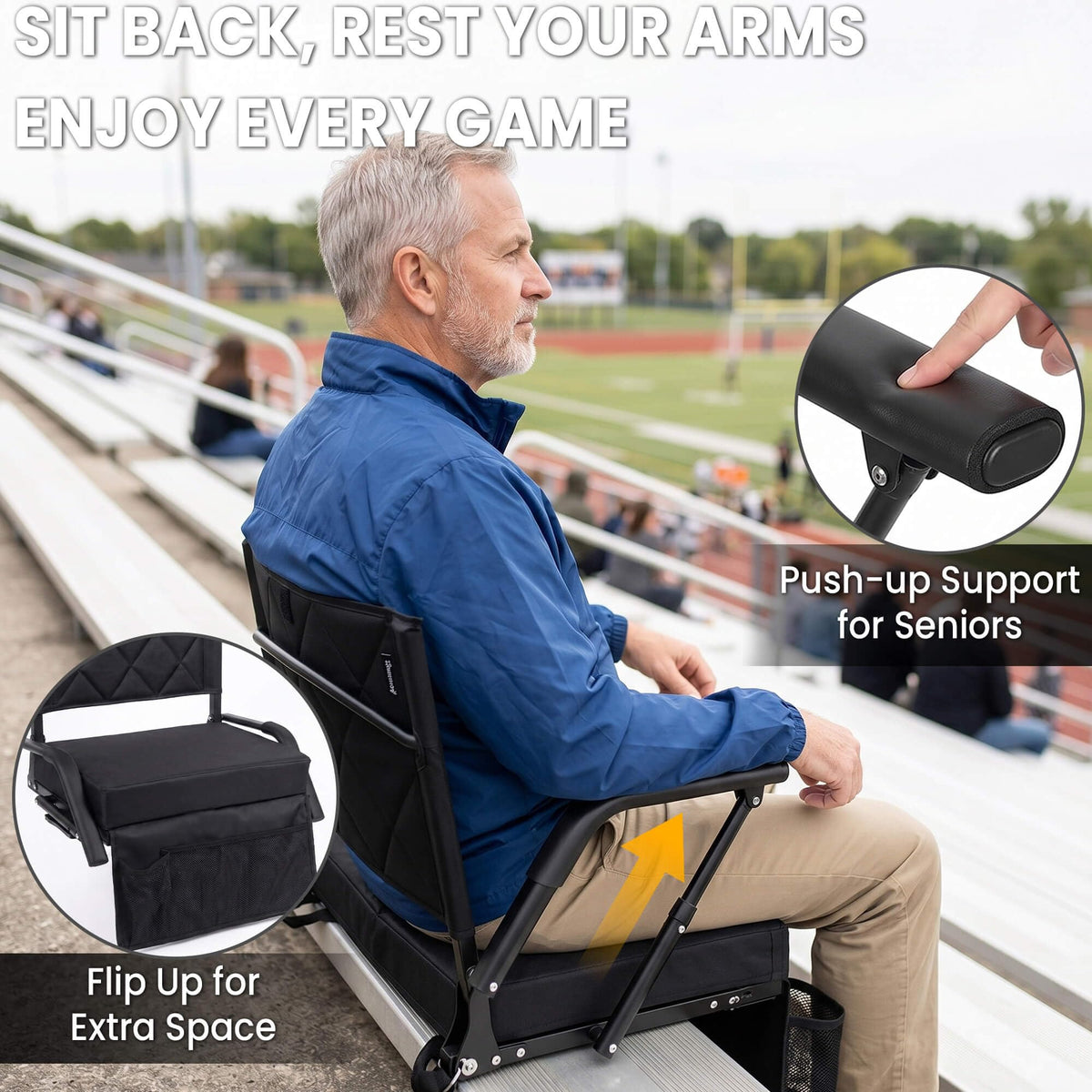 Sheenive Stadium Seats for Bleachers with Back Support (2 Pack) - 2.8'' Thick Wide Cushion & Padded Armrests, Cup Holder, Pockets, Carry Strap for Sports Events