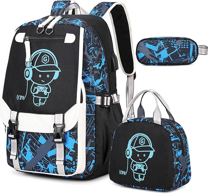 Bevalsa Backpack for Boys, Cool Luminous Backpacks with Lunch Box & Pen Case, School Bags for Kids, Bookbag for Children Teens for Elementary Middle School Student with USB Charging Port (Music)