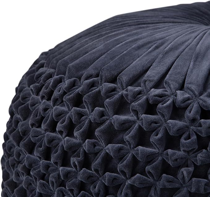 SIMPLIHOME Renee Round Pouf - 20 inch Wide Upholstered Velvet Ottoman in Navy, Boho Footstool or Extra Seating for Living Room or Bedroom with Button-Tufted Pleated Design, Assembled