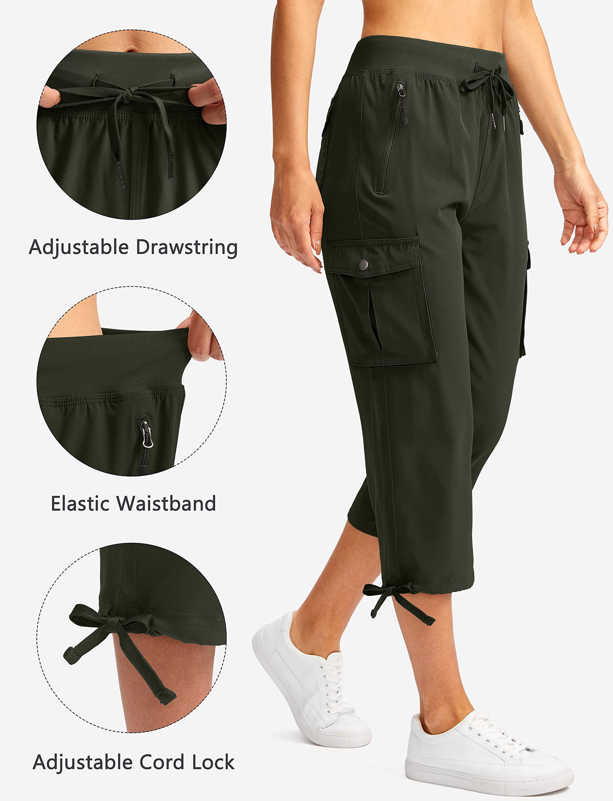 Soothfeel Women's Cargo Capris Pants with 6 Pockets Lightweight Quick Dry Travel Hiking Summer Pants for Women Casual (Army Green, 4XL)
