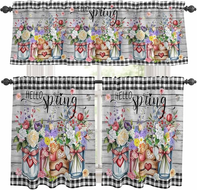 Kitchen Curtains Tiers and Valance Set of 3, Spring Flowers Light Filtering