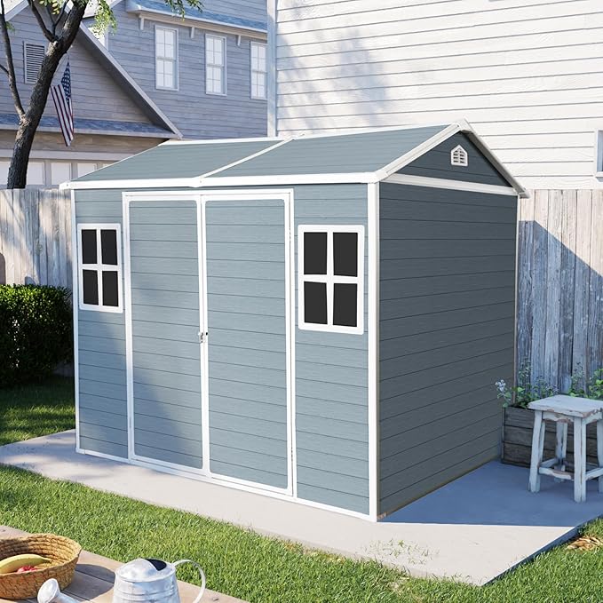 8x6 FT Outdoor Storage Shed, Resin Garden Shed with Thick Floor, Plastic Storage Shed with 2 Windows, Waterproof Outside Tool Shed with Lockable Hinged Doors for Backyard, Patio, Lawn, Light Gray