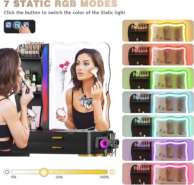 RGB Makeup Vanity Desk with Wireless Charging Station,7 Dynamic and 7 Static Dimmable Vanity Table with Glass Desktop,Vanity Mirror with Lights Desk and Chair,8 Drawers,Stool