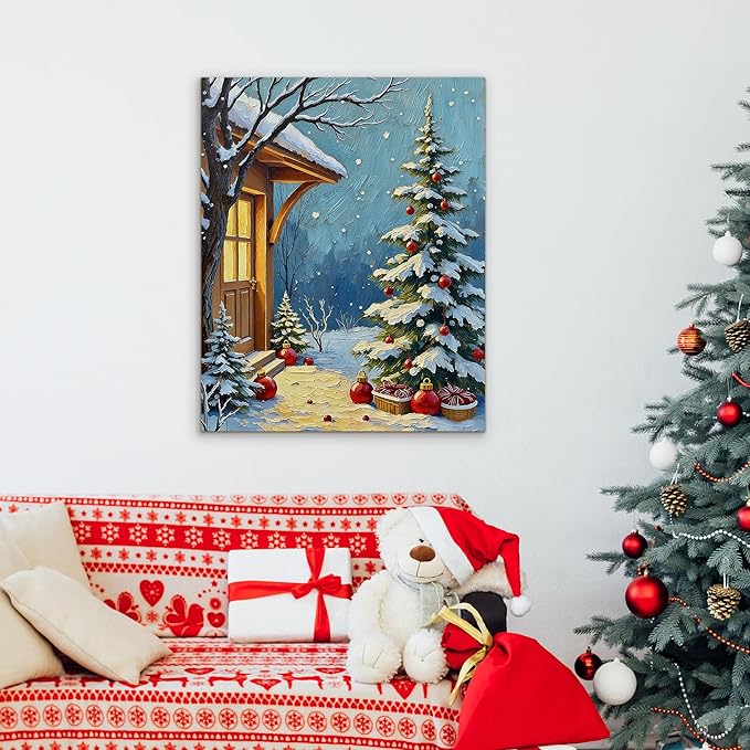 Framed Christmas Pictures Wall Decor,Vintage Pine Tree Prints,Winter Christmas Canvas Wall Art Decoration for Bedroom Bathroom Living Room Rustic Xmas Holiday Gifts (Christmas Tree 21, 20'' X 32'')