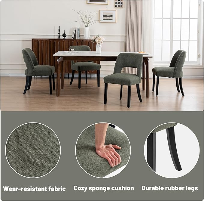 VKNOW Wooden Dining Chairs Set of 4, Modern Fabric Upholstered Dining Room Chair Kitchen Chairs, Farmhouse Dinner Chair for Kitchen Dining Room, Green-Black Legs