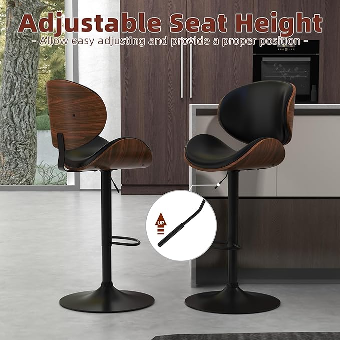civama Bar Stools 1 PC for Kitchen Counter, Adjustable Bar Height Chairs, Modern Swivel Barstools with Bentwood Seat and Back with Footrest for Kitchen Island, Dining Room, Black PU Leather