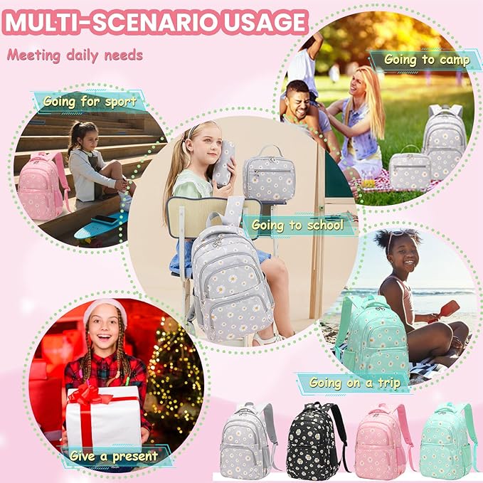 YJMKOI 3Pcs Daisy Prints Backpack for Girls Middle-School Elementary Students Bookbag Set with Lunch Box (Grey)