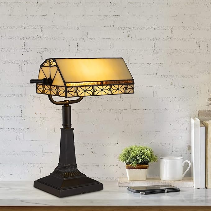 Lavish Home Tiffany-Style Bankers Lamp - Vintage-Looking Mission-Style Table or Desk LED Light with Stained Glass Shade (Dark Brown)