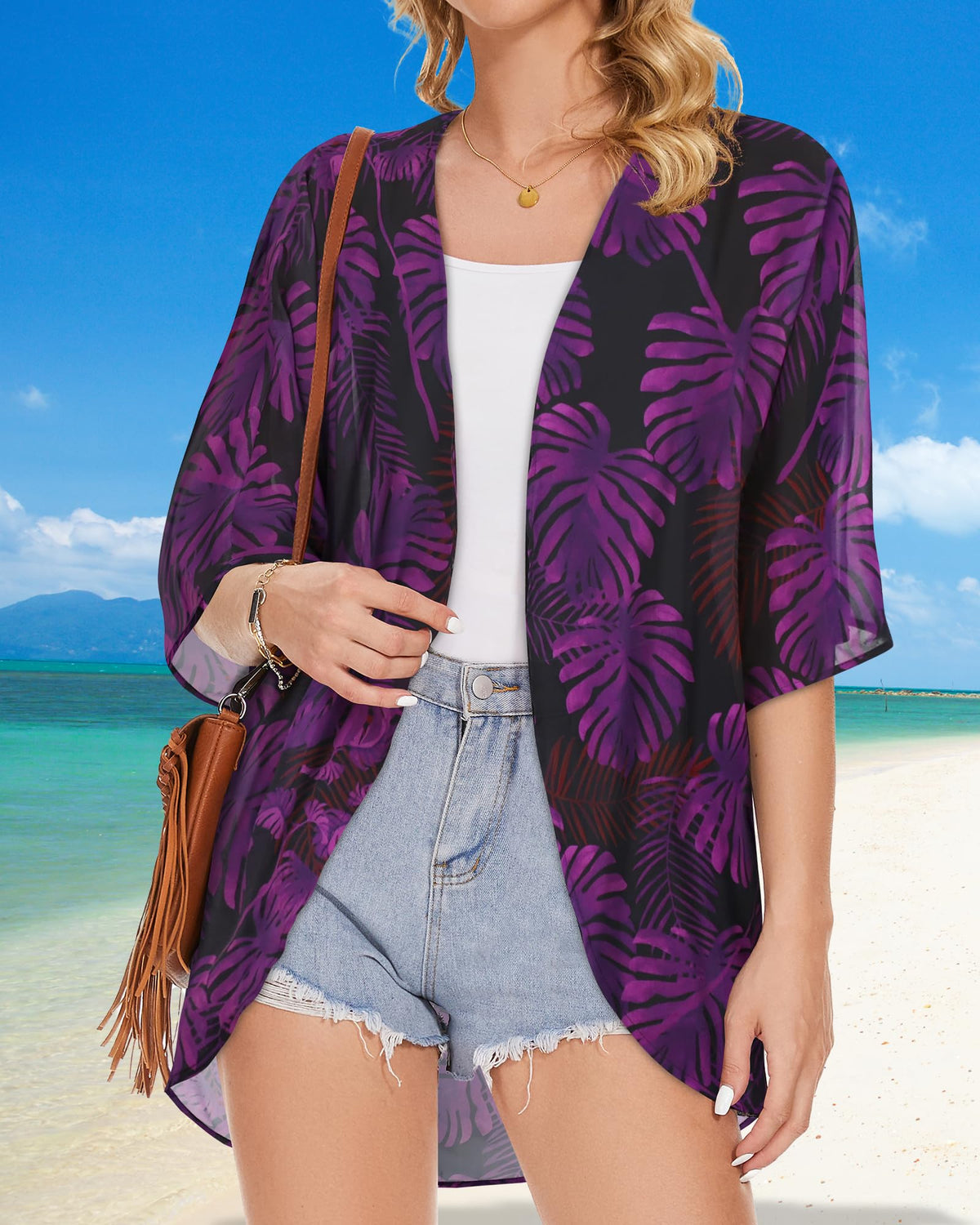 Women's Floral Kimono Cardigan Cover Up Casual Tops,Black Purple Leaves,XXL