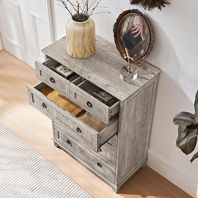 6 Drawer Dressers & Chest of Drawers, 41" Tall Small Dresser for Bedroom, Farmhouse Vintage Oak Dresser with Metal Handle, Storage Organizer Closet for Living Room Entryway Hallway