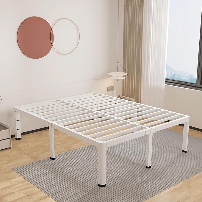ROIL 18 Inch White King Size Bed Frame with Rounded Corner and Headboard Hole Mattress Retainers 3500LBS Heavy Duty Steel Slats No Box Spring Needed Platform Noise-Free Easy Assembly