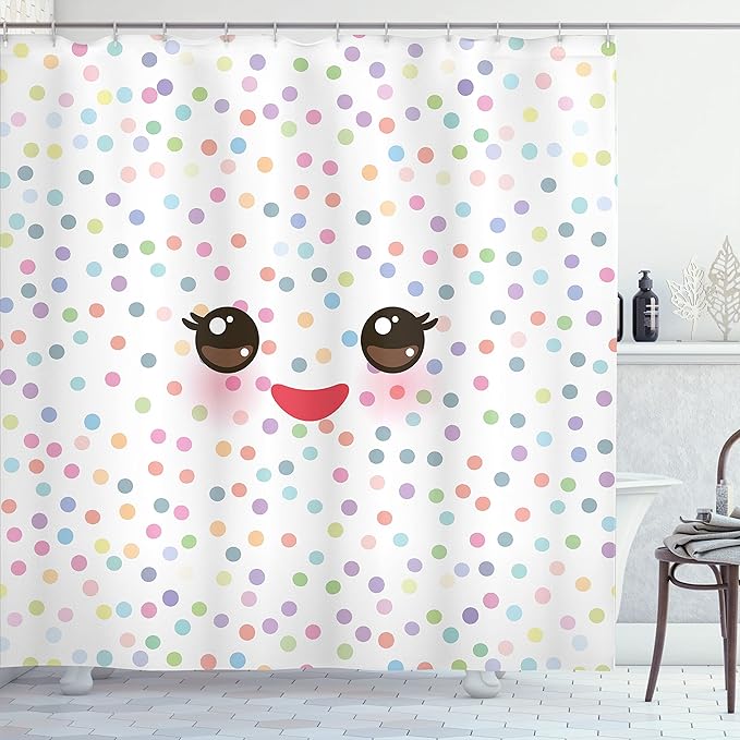Ambesonne Eyelash Shower Curtain, Kawaii Funny Muzzle Pastel Tone Cheeks and Eyes on Colorful Polka Dots Backdrop, Cloth Fabric Bathroom Decor Set with Hooks, 69" W x 70" L, Brown Multicolor