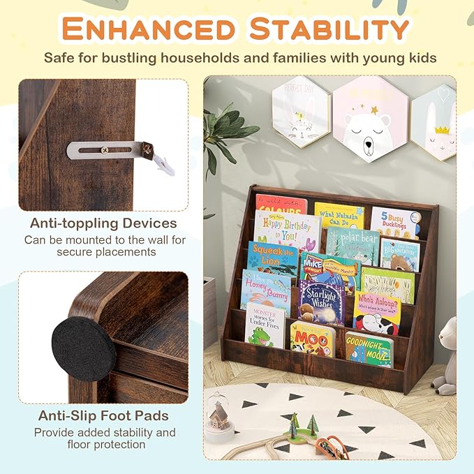 KOTEK 5-Tier Kids Bookshelf, Wooden Floor Display Shelf for Books and Magazines, Toddler Bookcase, Montessori Book Shelf for Kids Room, Daycare, Preschool, Classroom (Rustic Brown)