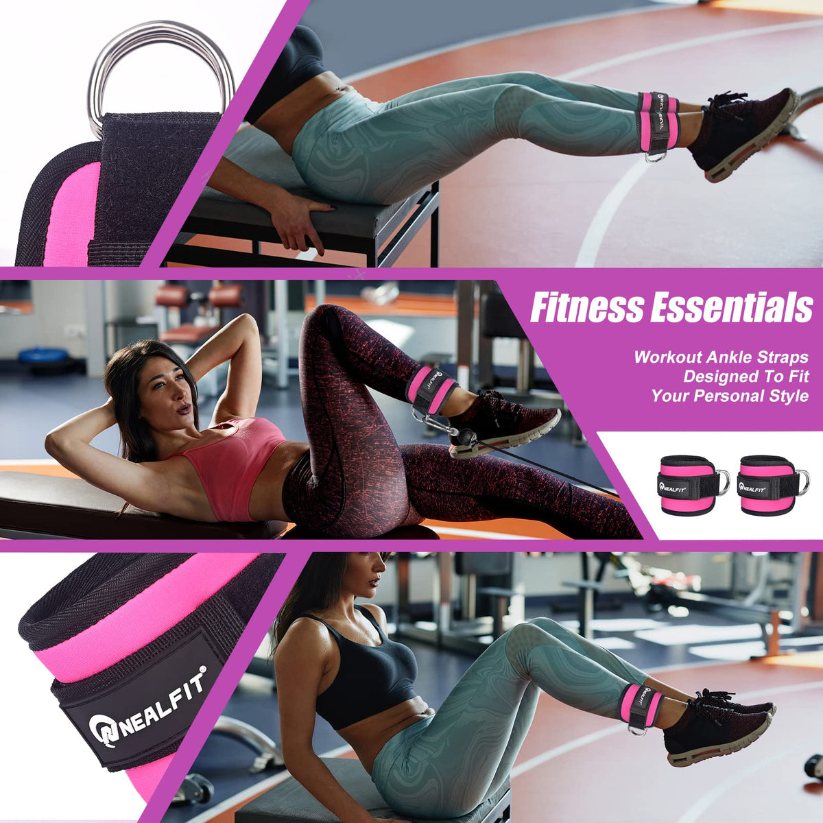 NEALFIT Ankle Strap for Cable Machine, Gym Ankle Cuff for Kickbacks, Leg Extensions, Glute Workouts, Booty Hip Abductors Exercise for Women and Men (Pink, Pair)