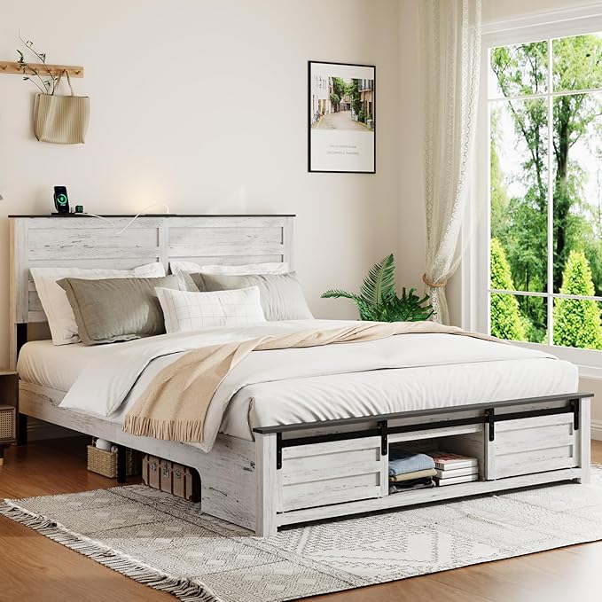 Wooden Queen Size Bed Frame with Headboard, Boho White Farmhouse Storage Bedframe with Sliding Barn Door Footboard and Charging Station, Wood Slats, No Box Spring Needed