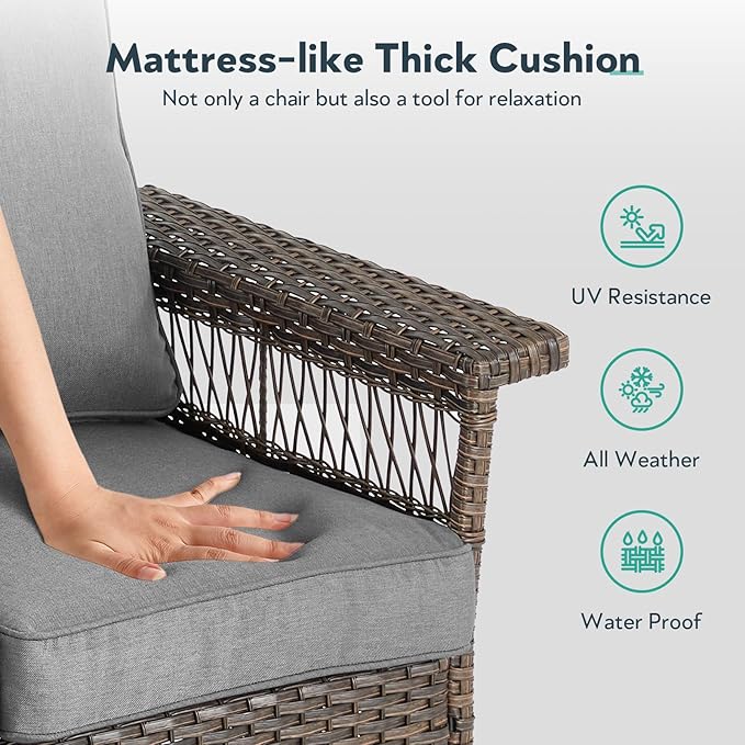 5 Pieces Wicker Patio Furniture Set - Hollow Widen Armrests Outdoor Swivel Glider Chairs and 3 Seat Sofa with Coffee Table & Side Table for Balcony Porch Deck and Yard - Brown/Gray