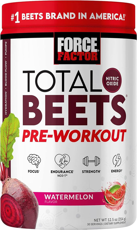 FORCE FACTOR Total Beets Pre-Workout Powder to Boost Energy & Endurance, Increase Strength, and Improve Blood Flow and Pumps, Nitric Oxide Supplement with Beet Root Powder, Watermelon, 30 Servings
