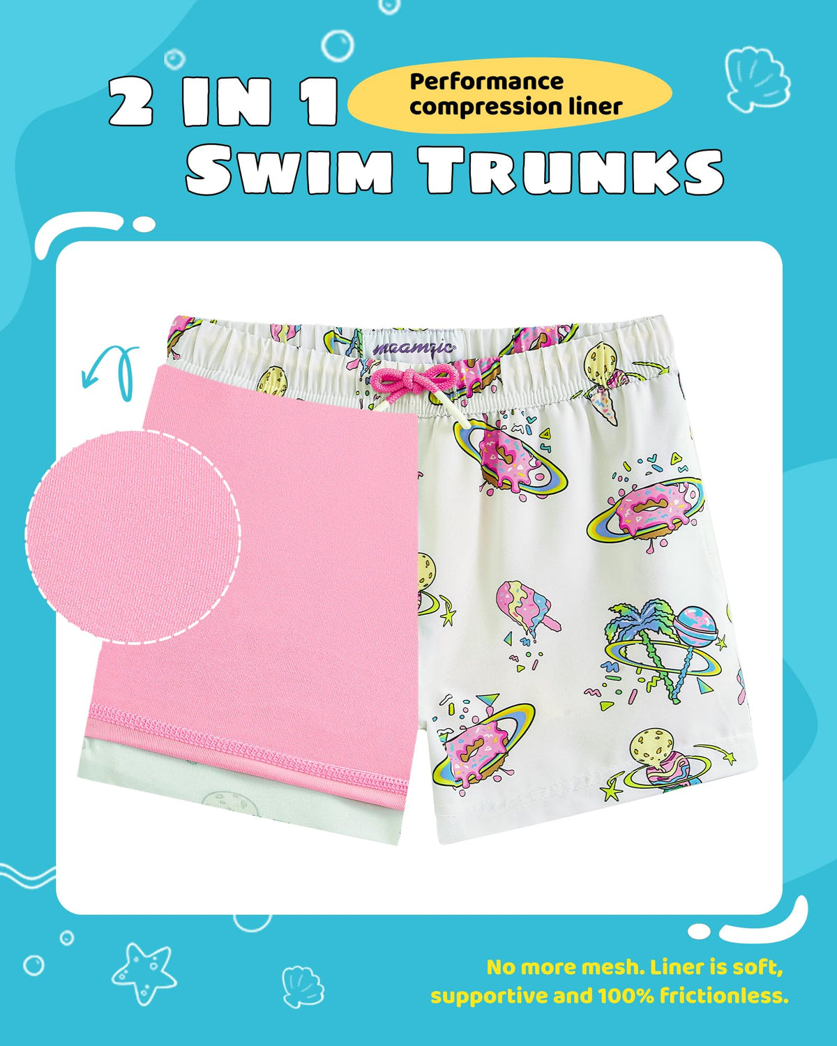 maamgic Boys Swim Trunks with Compression Liner Toddler Stretch Swim Shorts Quick Dry Swimming Trunks Boxer Brief 2 in 1 Beach Shorts Dessert Universe 3T