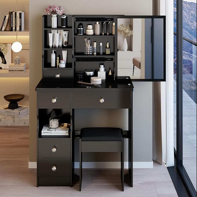 29.2" Small Vanity Desk with Mirror, Makeup Table with Sliding Mirror, Dressing Table with Multi Layer Capacity Storage, Vanity Set with 5 Drawers and Stool for Small Space Bedroom, Black