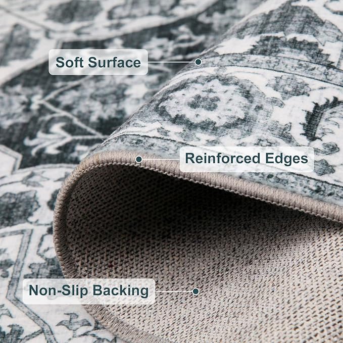 WILLSUN Washable Area Rugs, 3x5 Non-Slip Boho Large Area Rugs for Living Room, Bedroom, Machine Washable Vintage Rug, Indoor Floral Print Carpet for Home Decor, Kid & Pet Friendly Mat