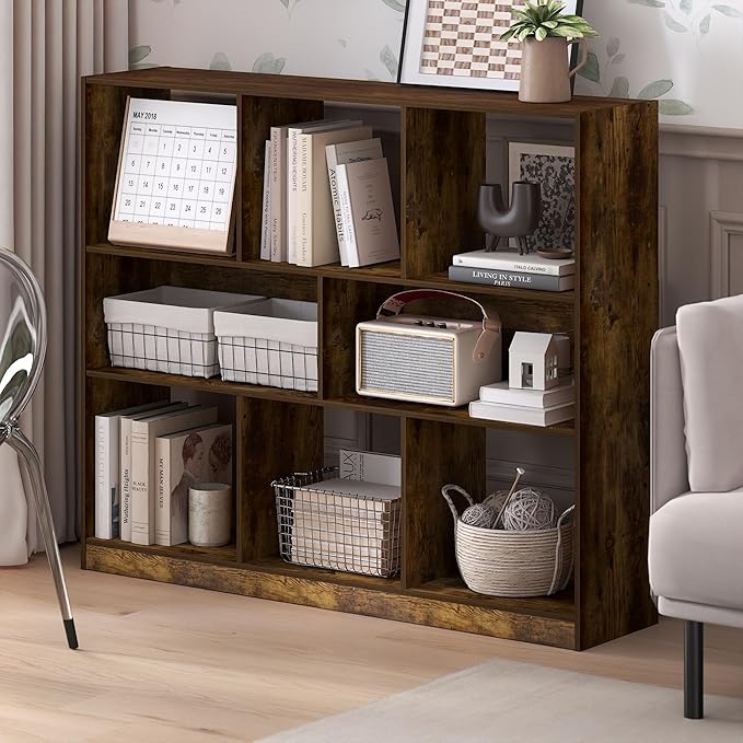 Furinno DALY Book Shelf, 8-Cube Bookshelf, Horizontal Cube Storage Organizer Bookcasde, 10.9 x 47.2 x 39.4, for Living Room, Bedroom, Home Office, Amber Pine