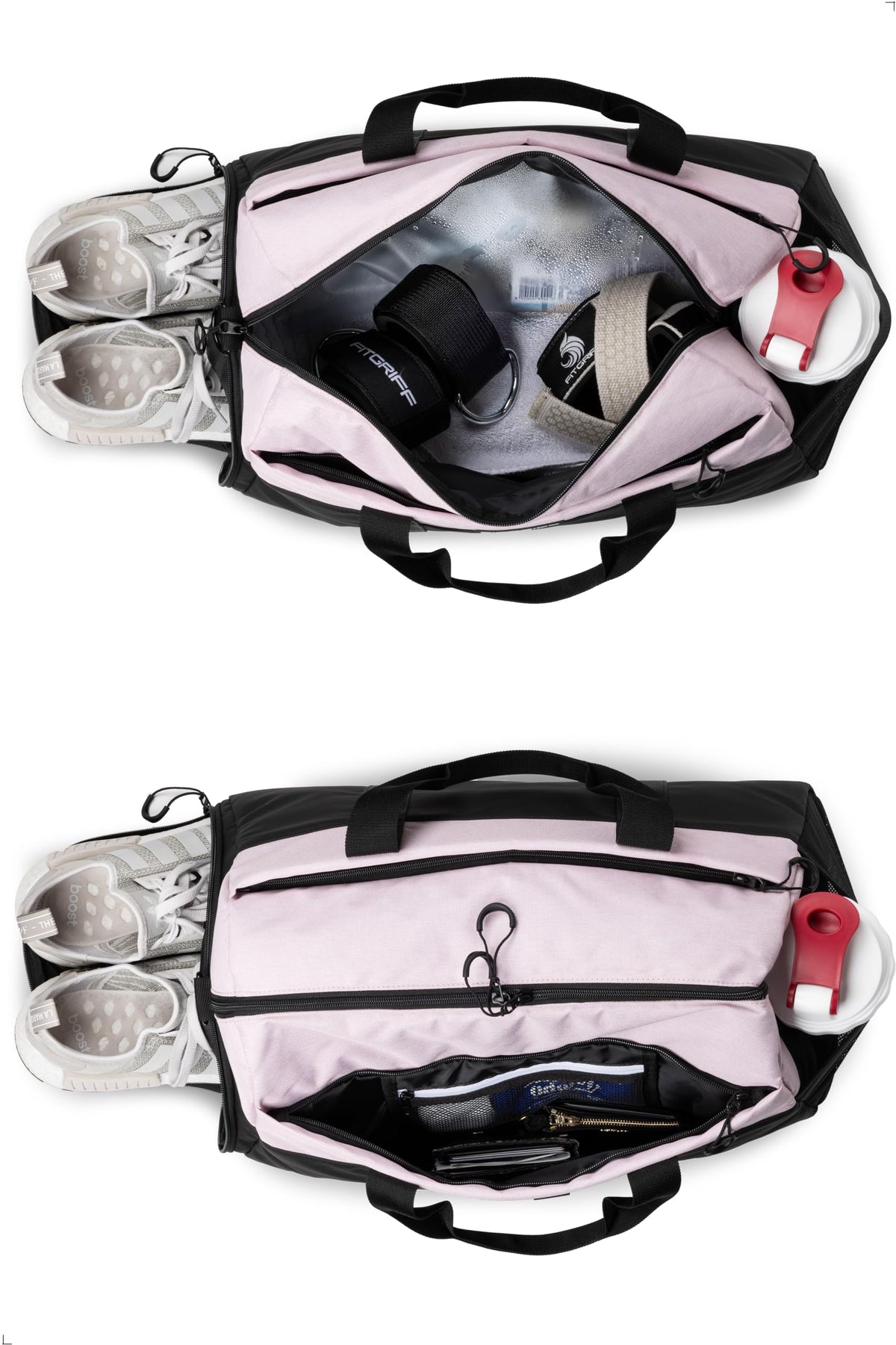 Fitgriff® Gym Bag V2 for Men and Women with Shoe & Wet Compartment - Duffle Bag for Travel, Sports, Fitness and Workout (Black/Pink, 22 x 12 x 13″ (Medium))