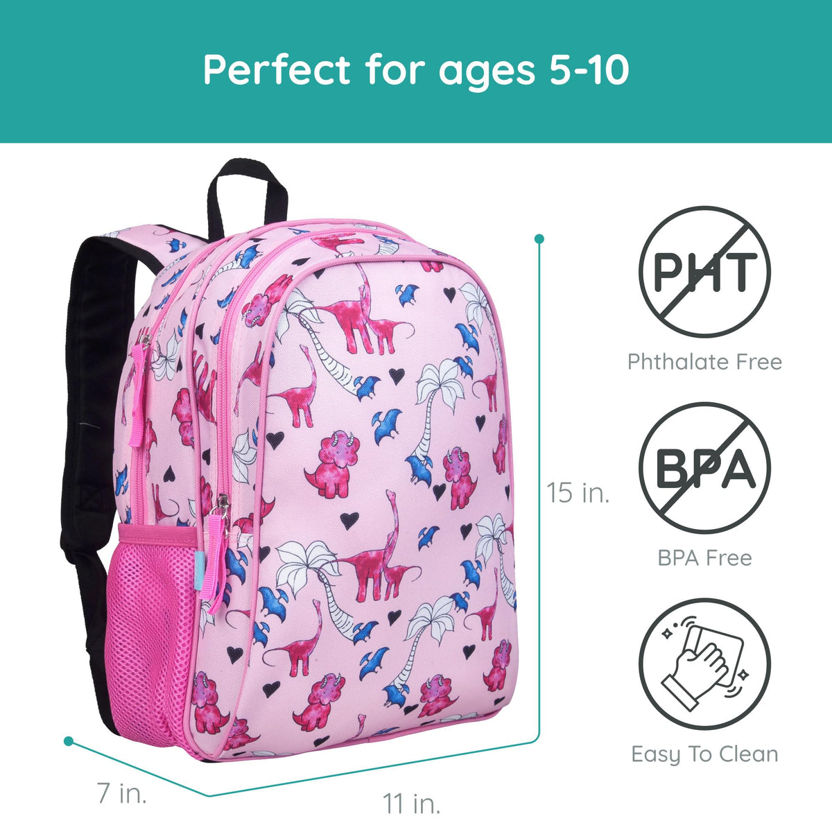 Wildkin Pink Dino 15 Inch Backpack