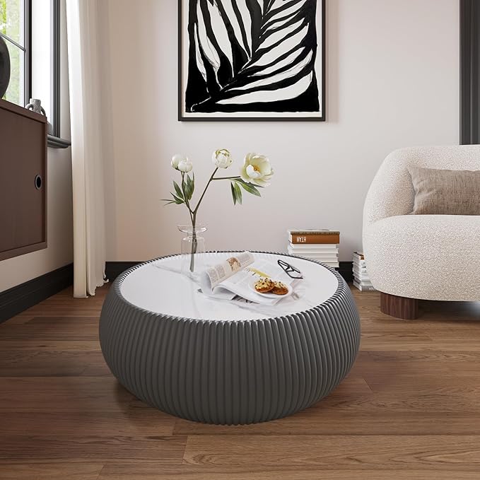 Grey Round Coffee Table with Sintered Stone Tabletop, 27.55" Drum Coffee Table with Fluted PU Leather Covered and Stable Base, Circle Cocktail Tea Table for Living Room
