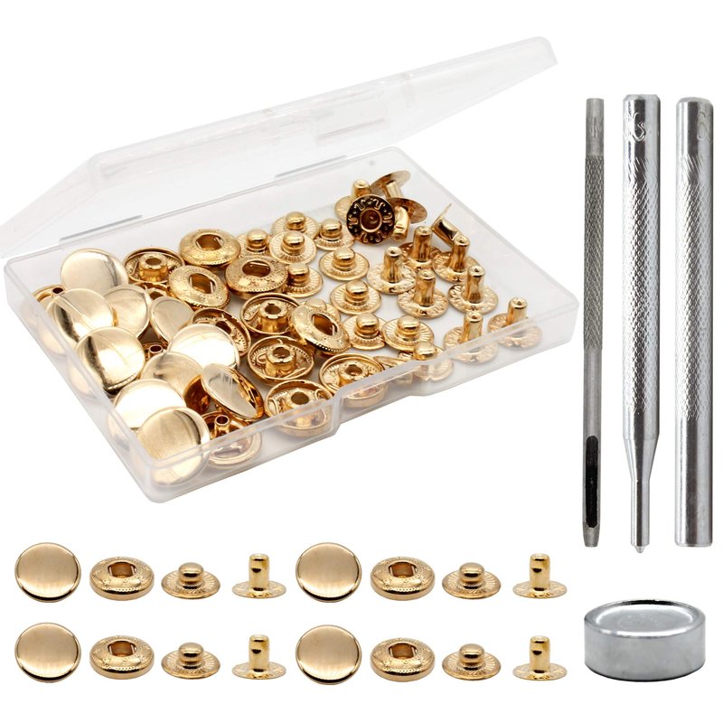 Raydodo 12 Set Leather Snap Fasteners Kit, 15mm Metal Snap Buttons Kit Press Studs with 4 Install Tools, Rivets and Snaps for Clothing, Jeans, Jackets, Bracelets, Bags (Gold)