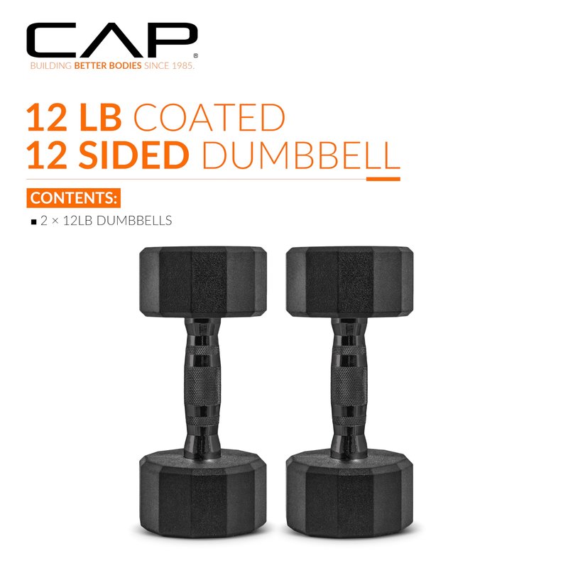 CAP 12 LB 12-Sided Rubber Coated Dumbbell Weight, Rubber Hand Weights for Home Gym Strength Training, Black Oxide Handle, Pair
