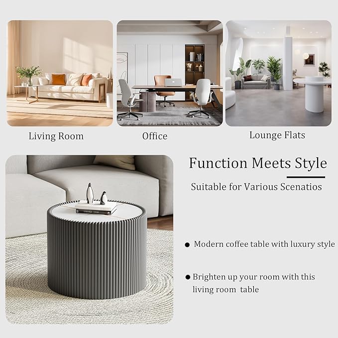 Round Coffee Table Set with Sintered Stone Tabletop, 29.52" Grey Drum Center Table and 17.71" Grey Coffee Table Set, 2 Pieces Living Room Table Set with Fluted PU Leather Cover& Stable Base