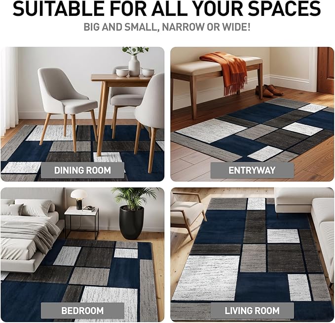Rugshop Modern Geometric Boxes Navy Area Rug, Carpet with Jute Backing for Hallway, Entryway, or Laundry Room, 2' x 7'2"