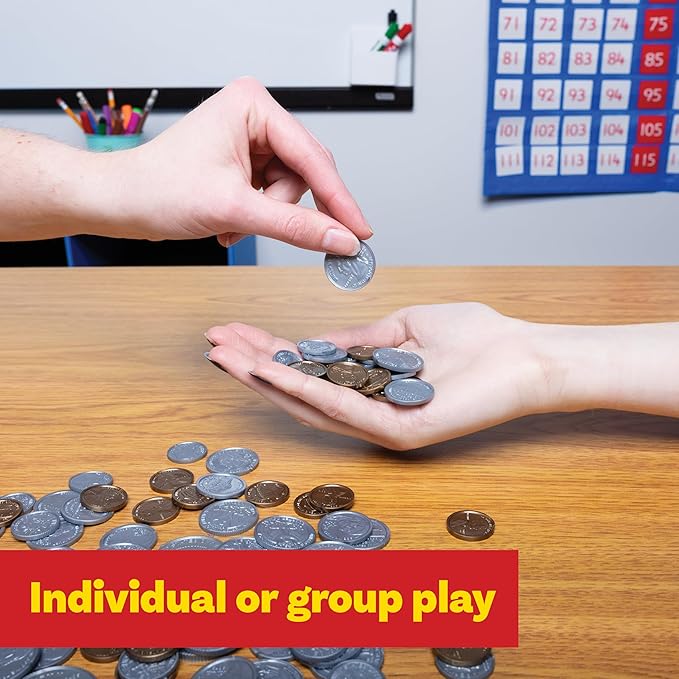 LEARNING ADVANTAGE Play Coin Set - 30 Pennies, 20 Nickels, 20 Dimes, 20 Quarters and 4 Half-Dollars - Realistic Coins for Pretend Play