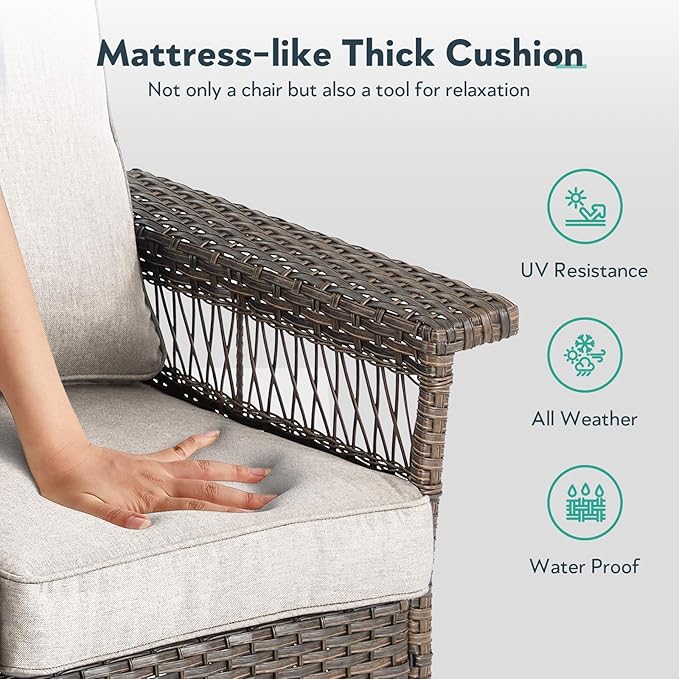 Outdoor Swivel Glider Chairs - 3 Pieces Hollow Widen Armrests Wicker Patio Furniture Set with Side Table, High Back Outside Swivel Rocker for Balcony Porch Deck and Yard - Brown/Beige