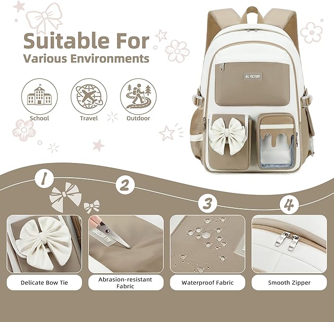 School Backpack for Girls 3PCS Nylon Kids Backpack Set with Lunch Box & Pencil Pouch, Cute Lightweight Teen Girls School Bag Laptop Bag Travel Daypack for Elementary Middle High School Beige Brown