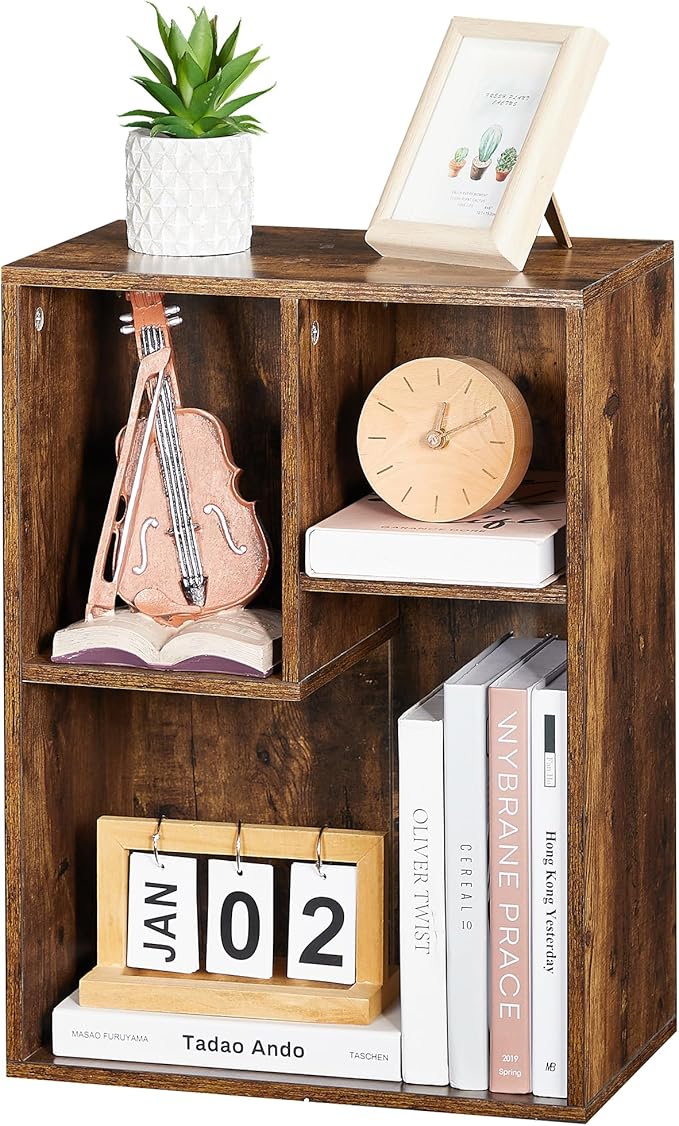 VECELO Small Bookshelf, 3 Cube Shelf, Fits Tallest Hardcovers, Horizontal Available, Short Bookcase for Small Spaces, Brown
