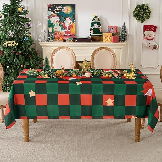 Christmas Tablecloth Rectangular 60x102 Inch Waterproof Table Cloth for 6ft, Washable Polyester Table Cover for Xmas Party, Winter Holiday Home Decoration in Festive Checkered Star 1pack
