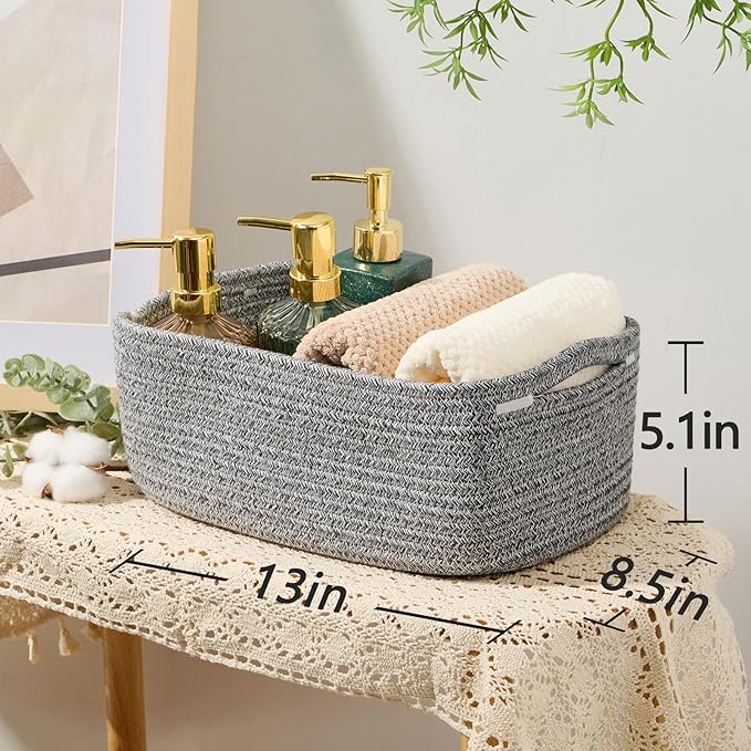 Small Storage Baskets for Organizing | Closet Organizer Bins | Shelf Toy Basket | Woven Rope Baskets | Cube Decorative Box | Shallow Basket | 13x8.5x5.1” | 3 Packs Mixed Grey