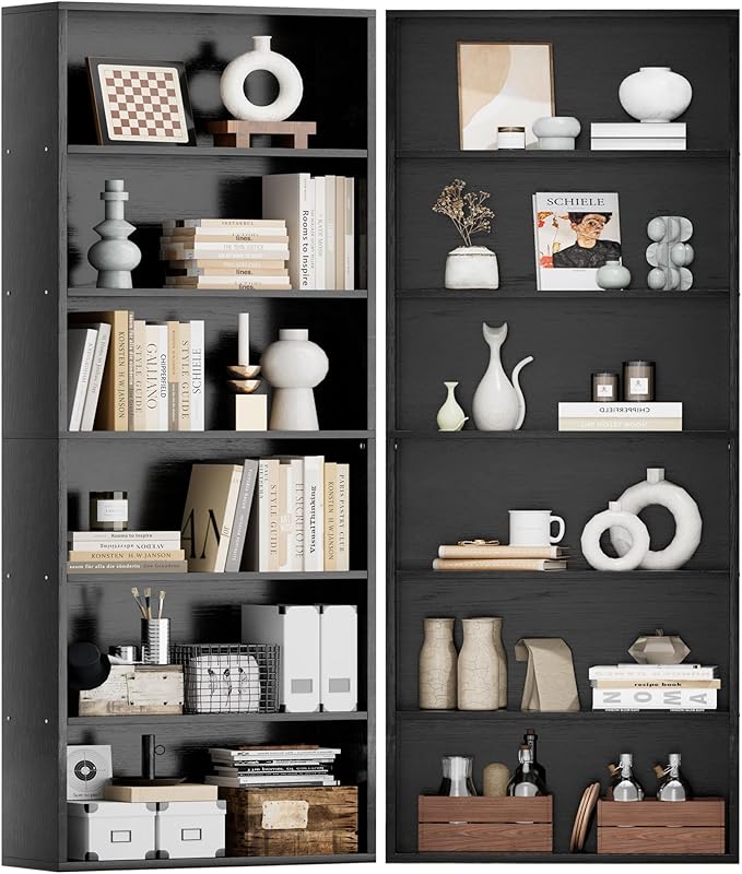 JAMFLY Narrow Tall Bookshelf 6 Shelf Bookcase Vertical Storage, Slim Profile Tall Narrow Storage Unit for Home Office, Living Room, Bedroom, Black, Set of 2