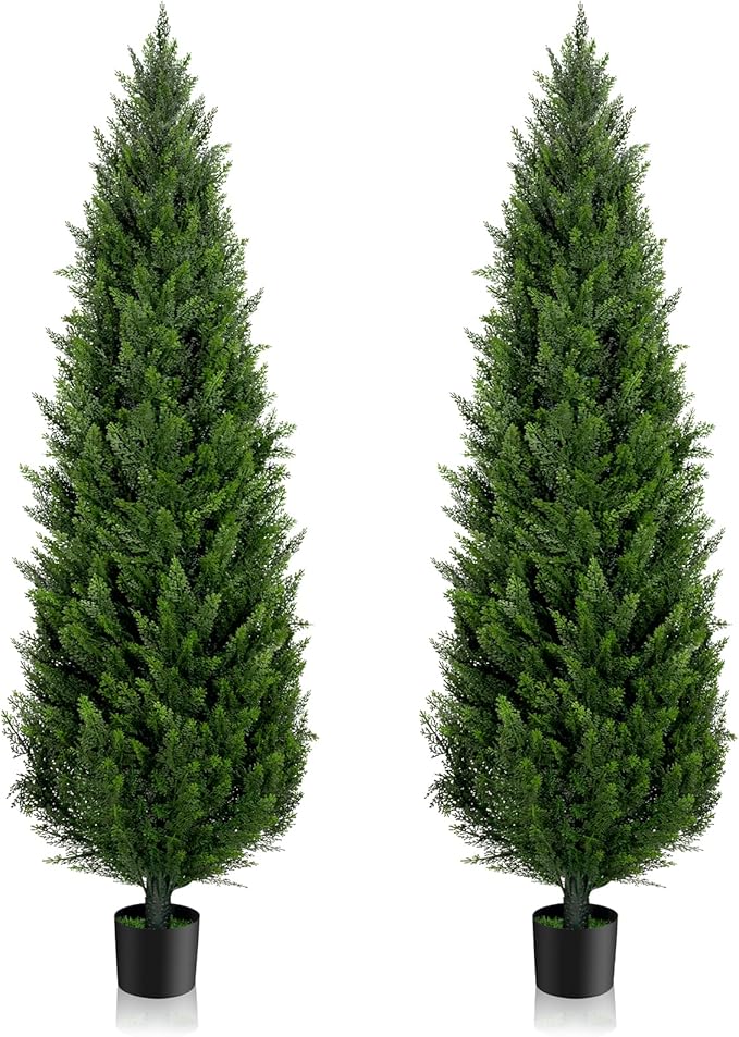 6FT Artificial Cedar Topiary Trees Set of 2，72 Inch Tall UV Protection Fake Cypress Trees for Outdoors, Realistic Potted Pine Plants for Patio, Porch, Home, Doorway Decor