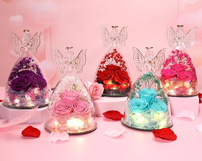 Ocosy Mothers Day Rose Gifts for Her, Large Angel Rose Gifts for Women, Forever Real Roses in Figurines, Guardian With Roses Flower, Peach Pink