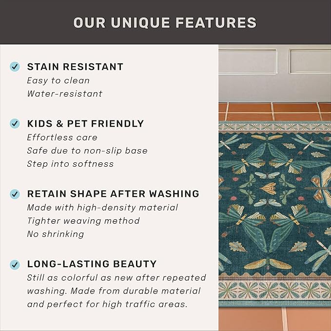 Brown and Green Kitchen Sink Runner Rug 2x5 - Teal Boho Bathroom Rugs for Entrance Indoor, Insect Print Floral Vintage Unique, Washable Non Skid Stain Resistant