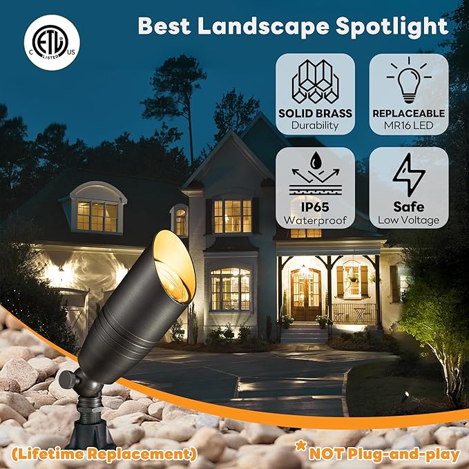 Low Voltage Spot Lights - Solid Brass Landscape Spotlight Wired, 12V Outdoor LED Uplights Waterproof, Electric Bronze Adjustable Focus for Patio Wall Without MR16 Bulb (6 Pack)