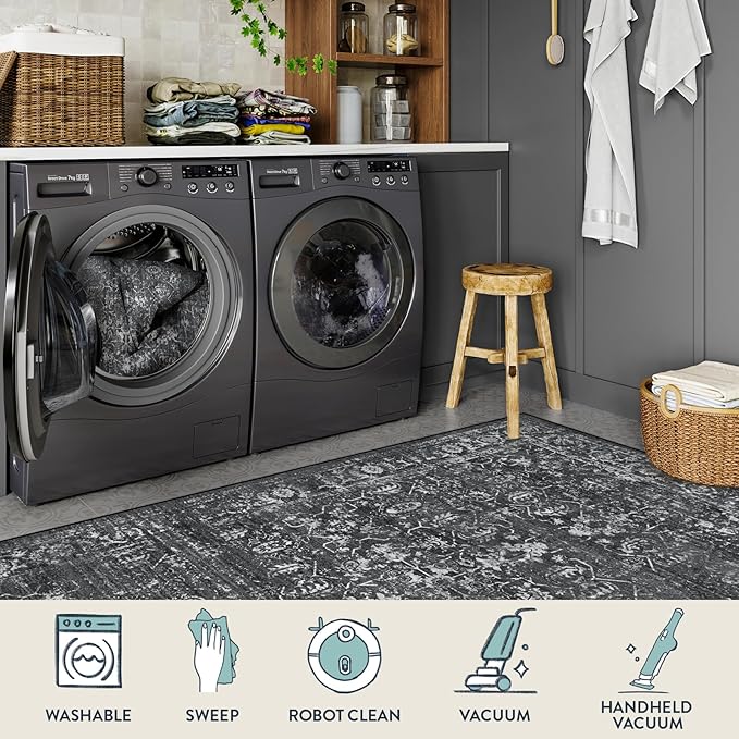 Lahome Black Washable Runners for Hallways,Boho 2'6"x10' Kitchen Runner Rugs Non Skid Washable Indoor Bathroom Runner Rug,Distressed Carpet Runners for Bedroom Entryway Foyer(2'6"x10', Black/Grey)