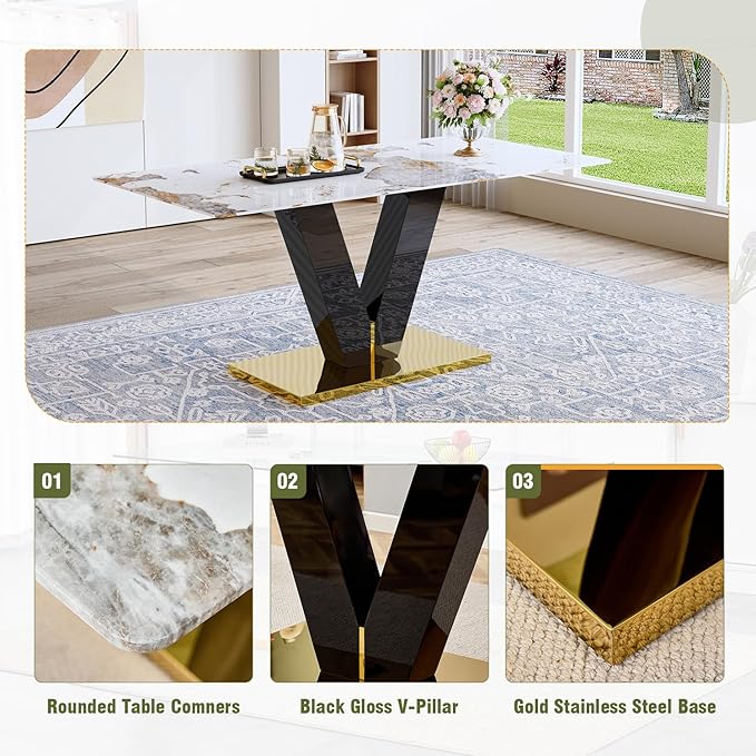 Marble Dining Table for 6,71'' Gold Dining Table with Faux Marble Table Top and Glossy Black V-Shaped Base,Large Modern Dining Table Ideal for Dinner Parties Apartments Kitchen