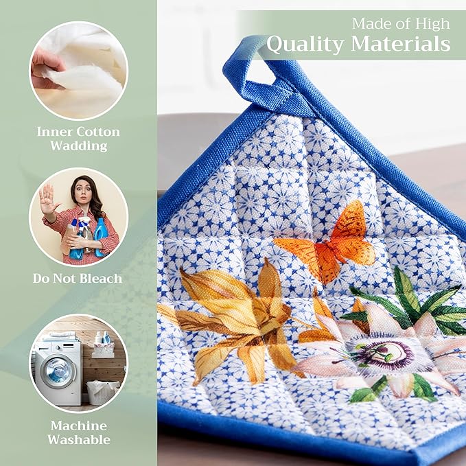 Maison d' Hermine Pot Holders Set 100% Cotton Heat Resistant Potholders 8" x 8" Hot Pads with Loop BBQ, Cooking, Baking, Grilling, Kitchen, Handling Hot Pans Spring/Summer (Pack of 2, Passiflora)