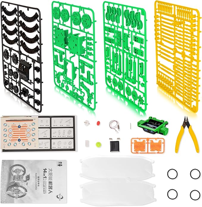 Solar Robot Kit for Kids, 14-in-1 Educational STEM Science Toy, Solar Power Building Kit DIY Assembly Battery Operated Robotic Set for Kids, Teens and Science Lovers(Battery Include) - Green