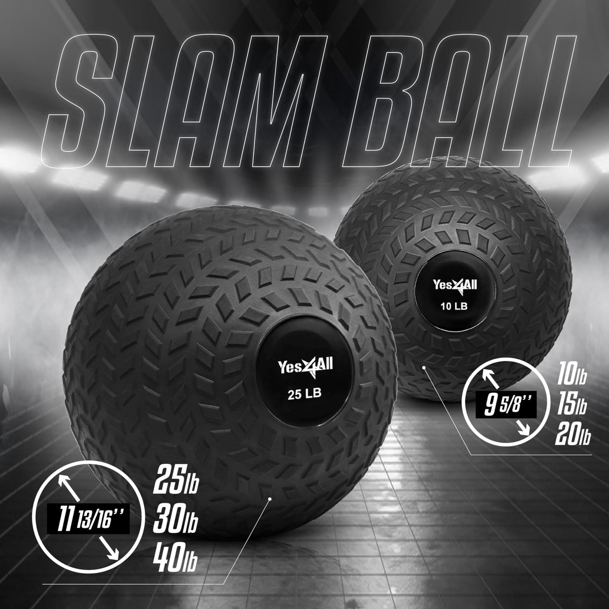 Yes4All 25 lbs Slam Ball for Strength, Power Workout - Fitness Exercise Ball with Grip Tread & Durable Rubber Shell (25 Lbs, Black)